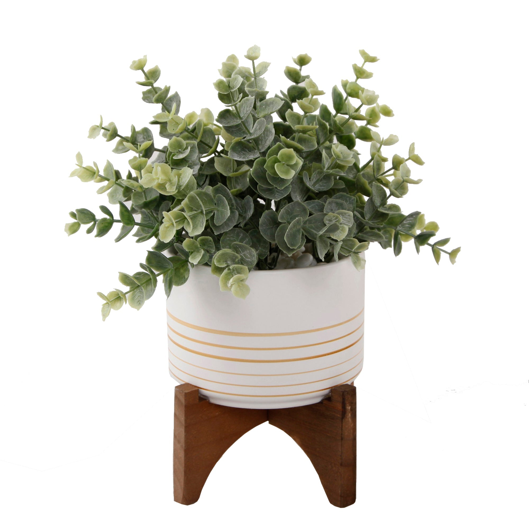  Flora Bunda Faux Eucalyptus In White Ceramic Pot On Wood Stand - White/Gold - Bonton