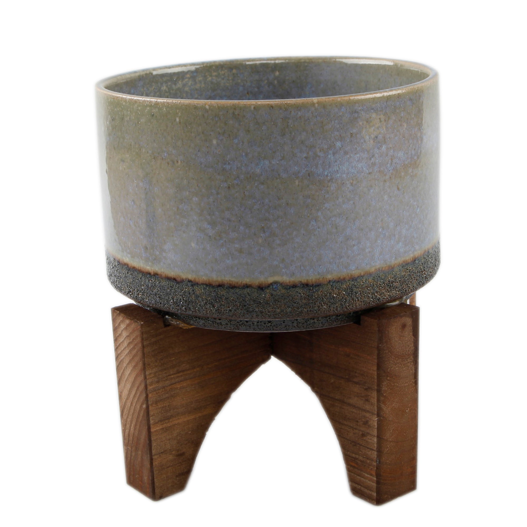  Flora Bunda Lava Ceramic Bowl with Blue Highlights On Wood Stand - Blue - Bonton