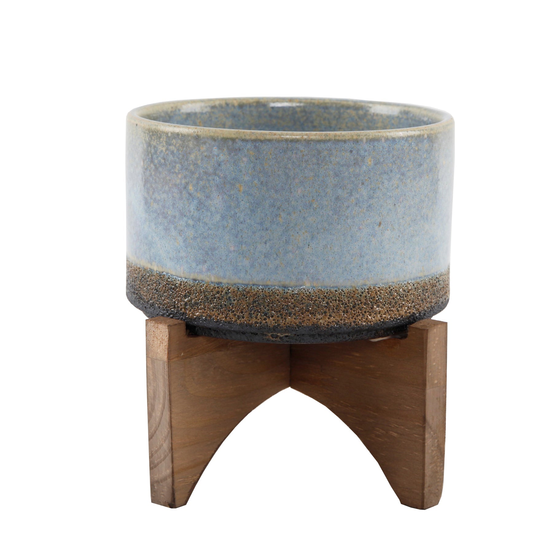  Flora Bunda Lava Ceramic Bowl On Wood Stand - Blue - Bonton