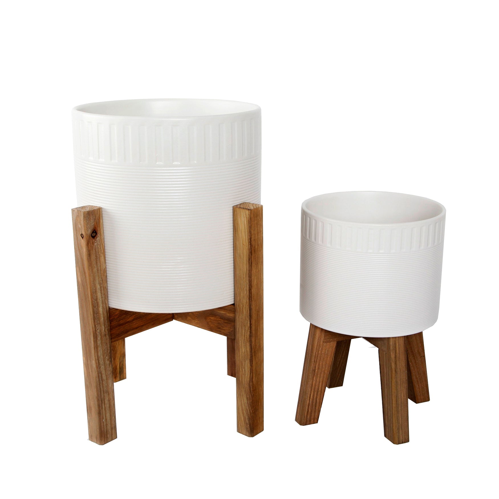  Flora Bunda Set of 2 Matte Pressed Edge Ceramic Planters On Stand - Matte White - Bonton