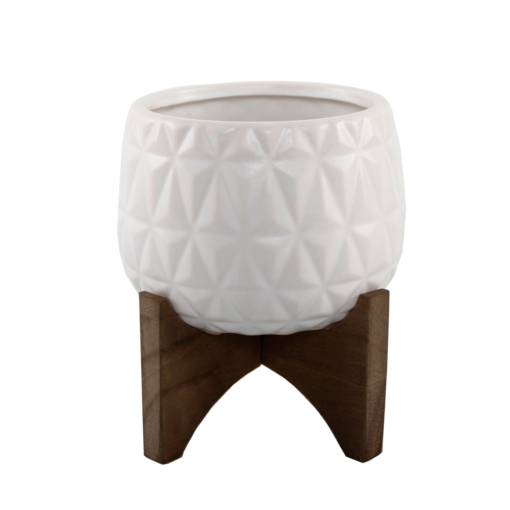  Flora Bunda White Pineapple Ceramic Pot On Wood Stand - Matte White - Bonton