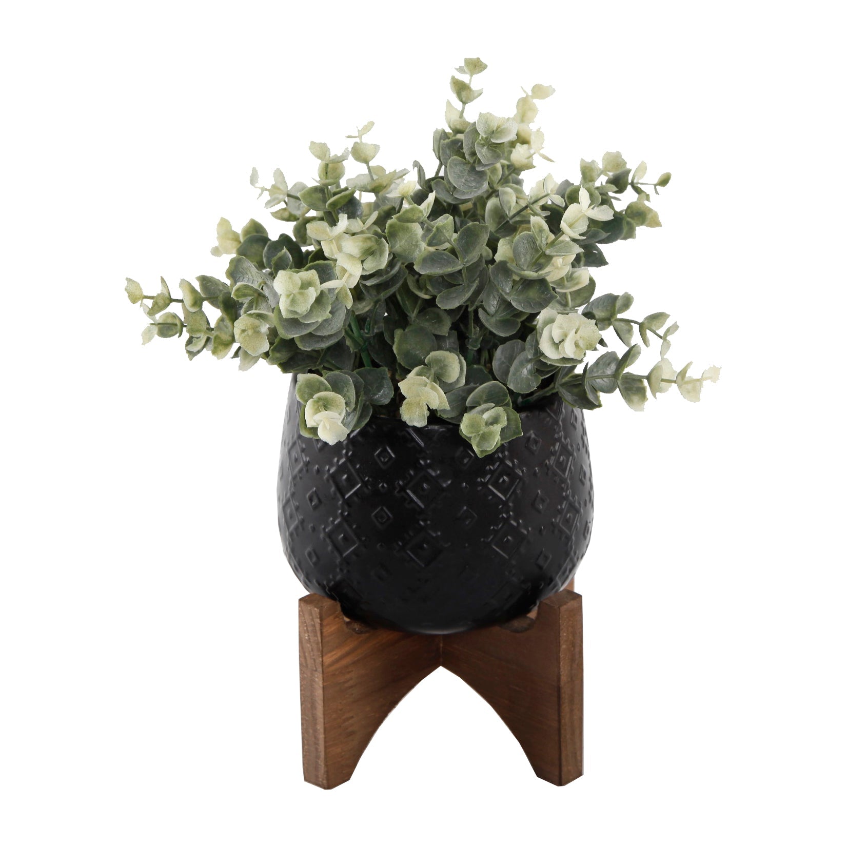  Flora Bunda Faux Eucalyptus In Black Diamond Motif Ceramic Pot - Black - Bonton