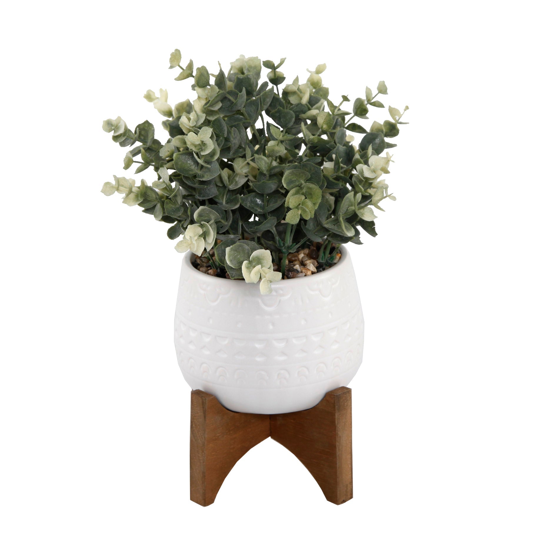  Flora Bunda Faux Eucalyptus In White Diamond Motif Ceramic Pot - White - Bonton