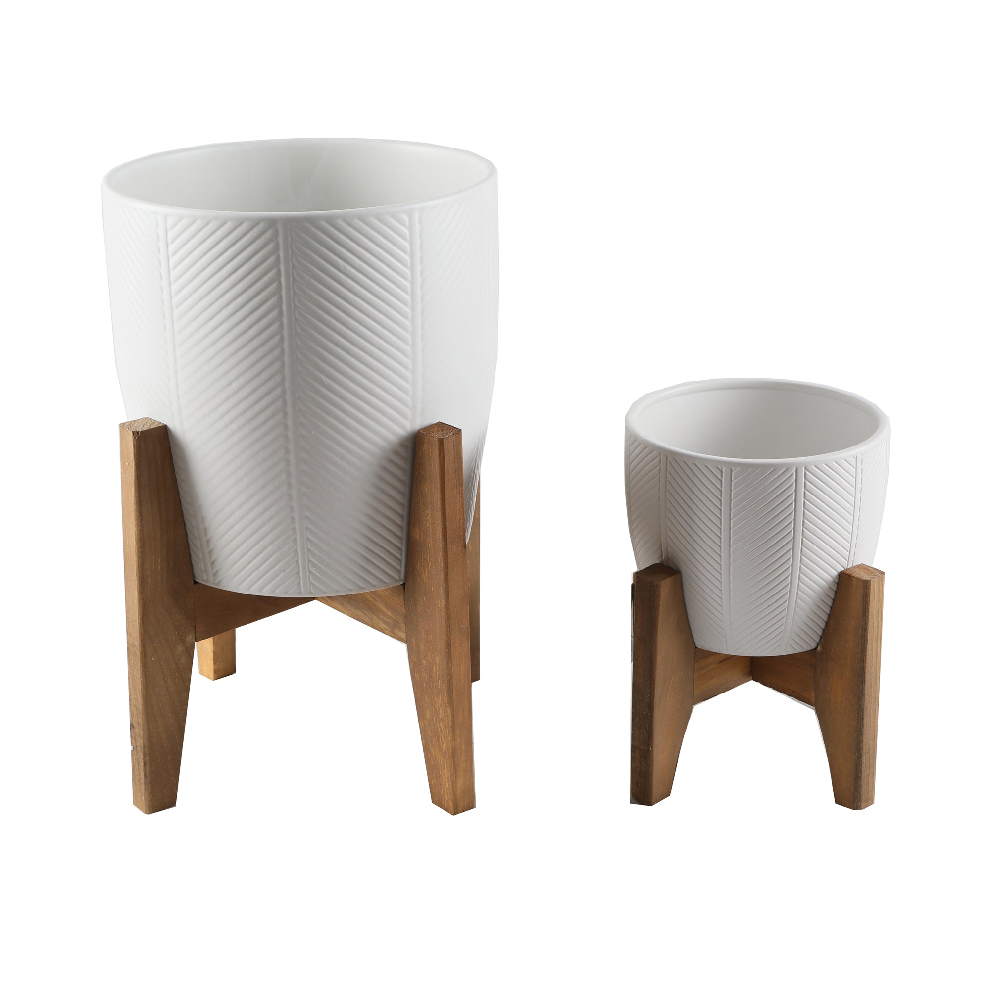  Flora Bunda Set of 2 Matte White Chevron Pattern Planters on Stand - Matte White - Bonton