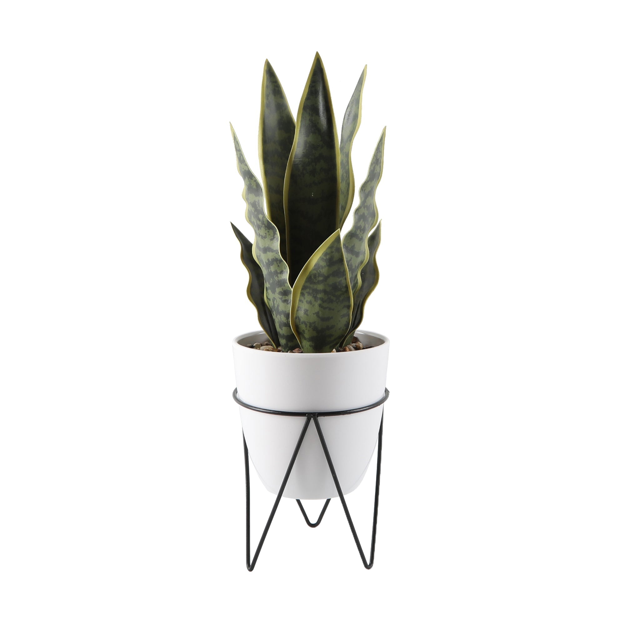  Flora Bunda Faux Snake Plant in White Pot with Black Metal Stand - White/Black - Bonton