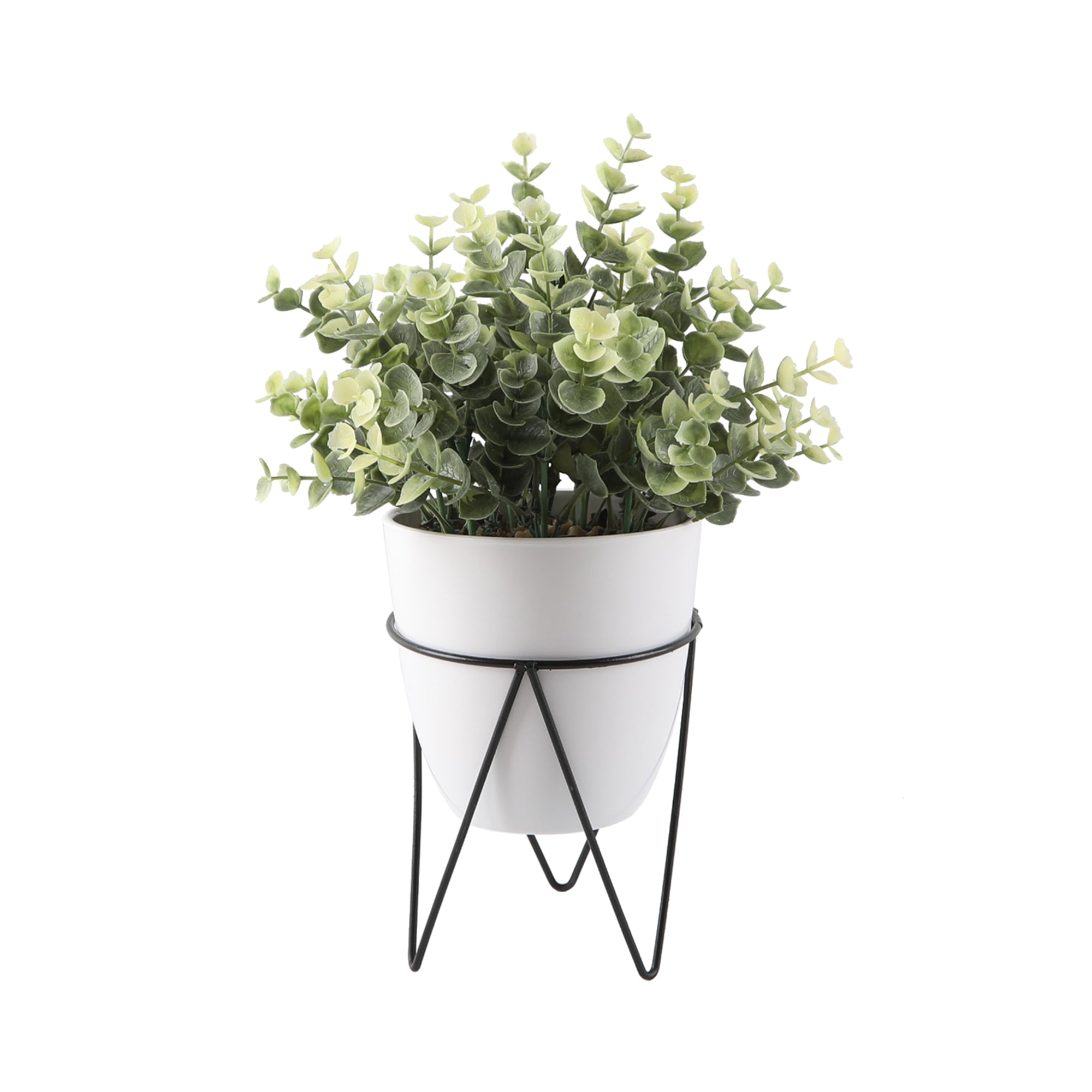  Flora Bunda Faux Eucalyptus Plant In White Pot and Black Metal Stand - White/Black - Bonton