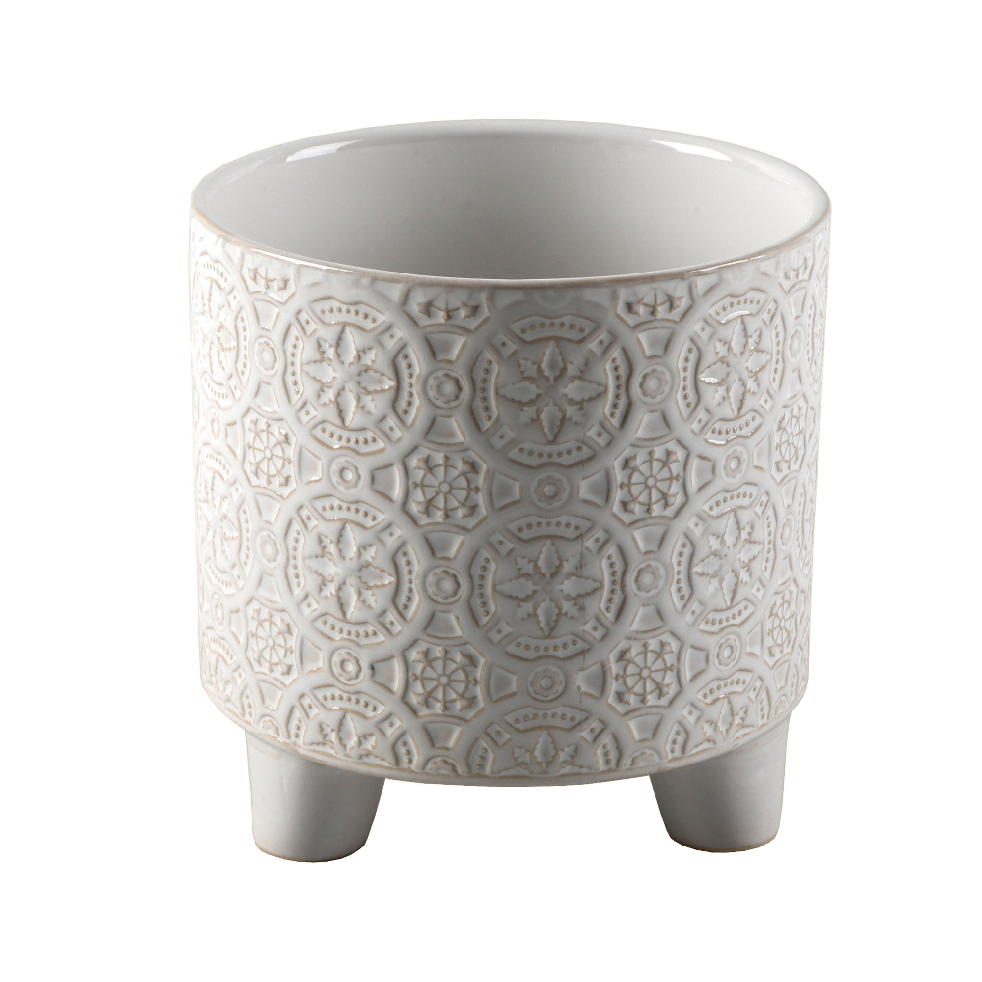  Flora Bunda Mediterranean Tile Embossed Ceramic Planter - Ivory - Bonton