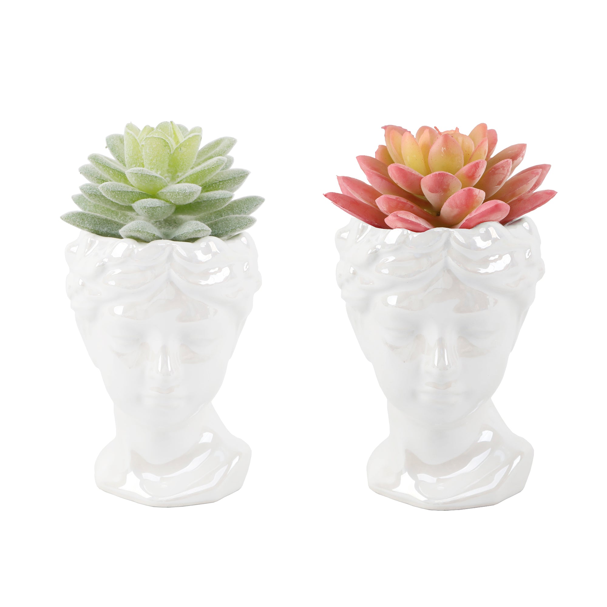  Flora Bunda Set of 2 High Gloss Pearl White Busts with Faux Succulents - Pearl White - Bonton