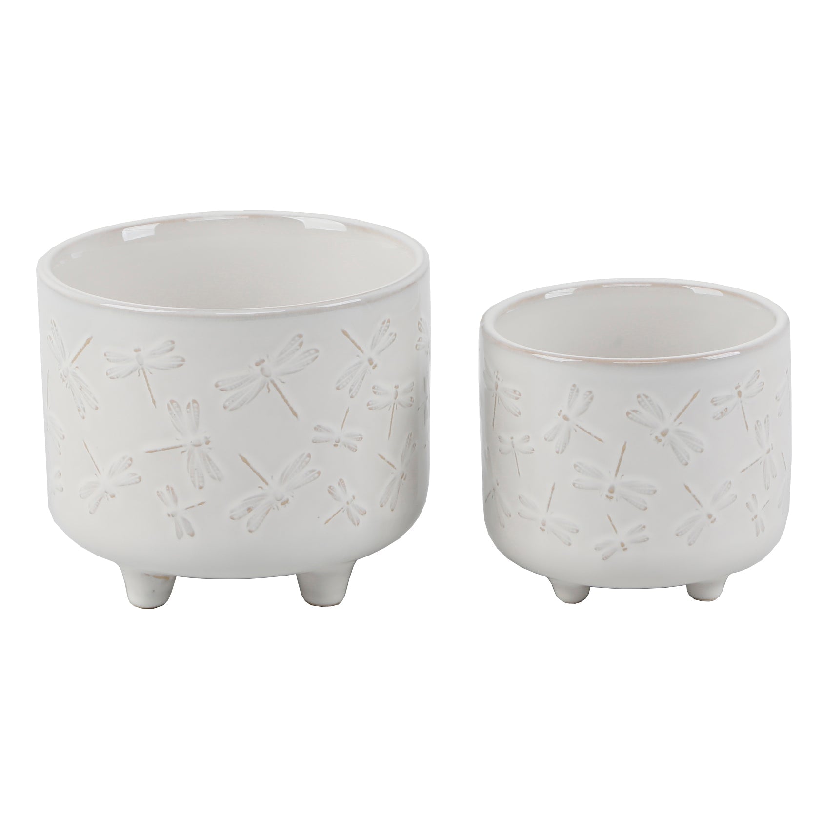  Flora Bunda Set of 2 Soft White Dragonfly Ceramic Footed Planters - White - Bonton