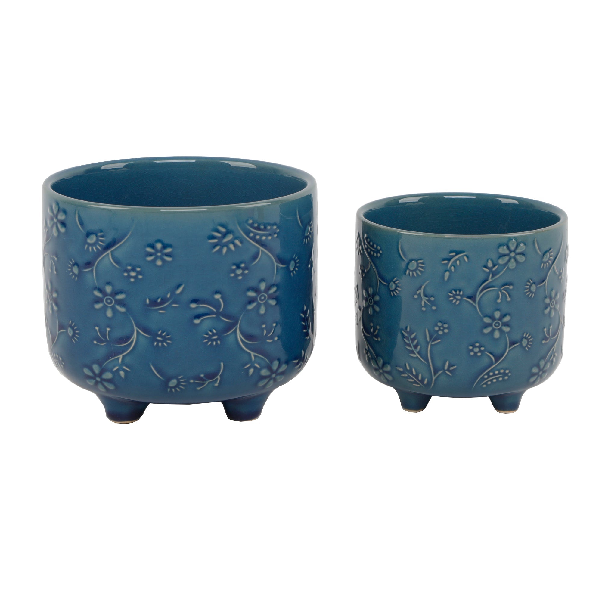  Flora Bunda Set of 2 Washed Blue Wildflowers Ceramic Footed Planters - White - Bonton