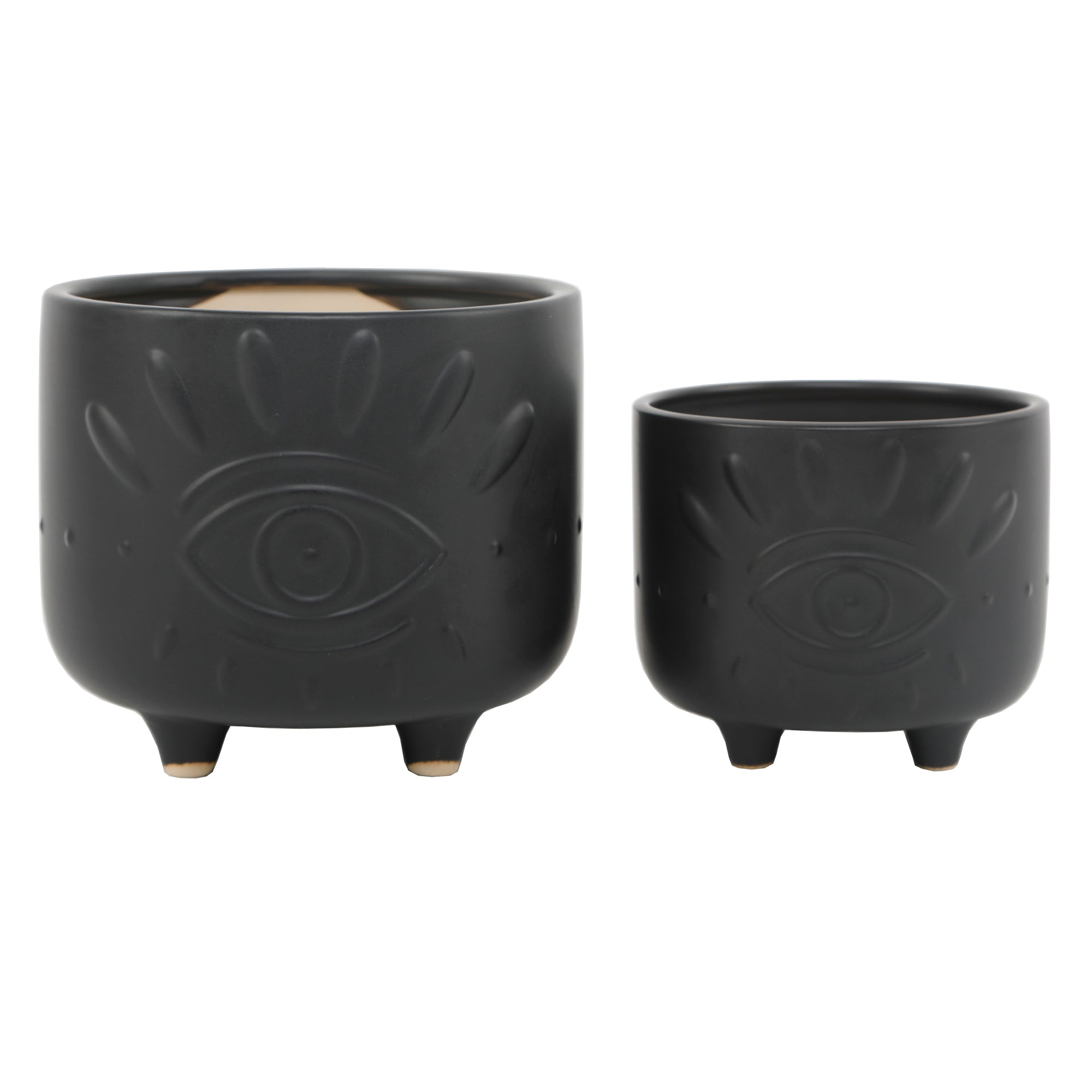  Flora Bunda Set of 2 All Seeing Eye in Matte Black Ceramic Footed Planters - White - Bonton