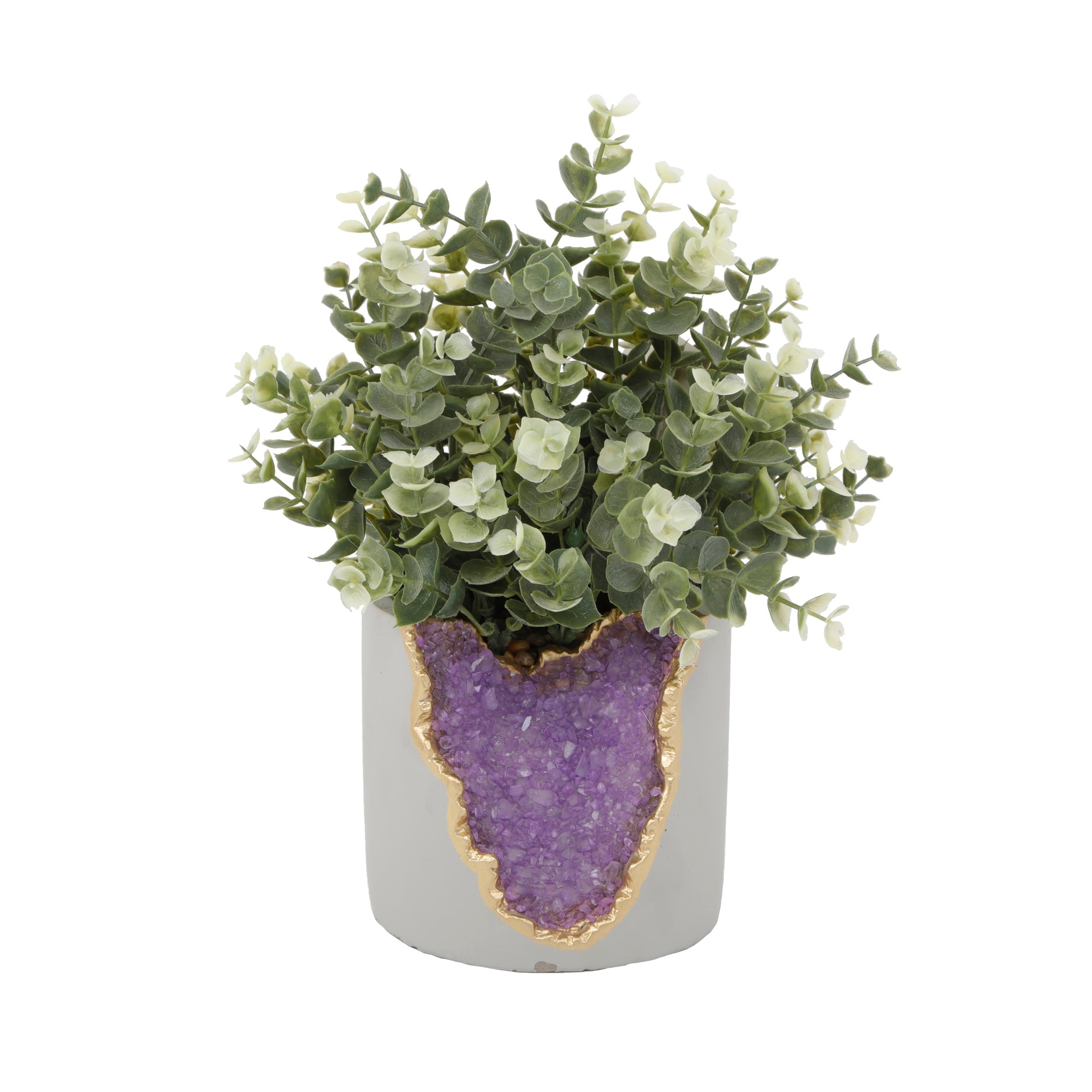  Flora Bunda Faux Tea Eucalyptus In Amethyst Crystal Planter - Purple/Gray/Green - Bonton