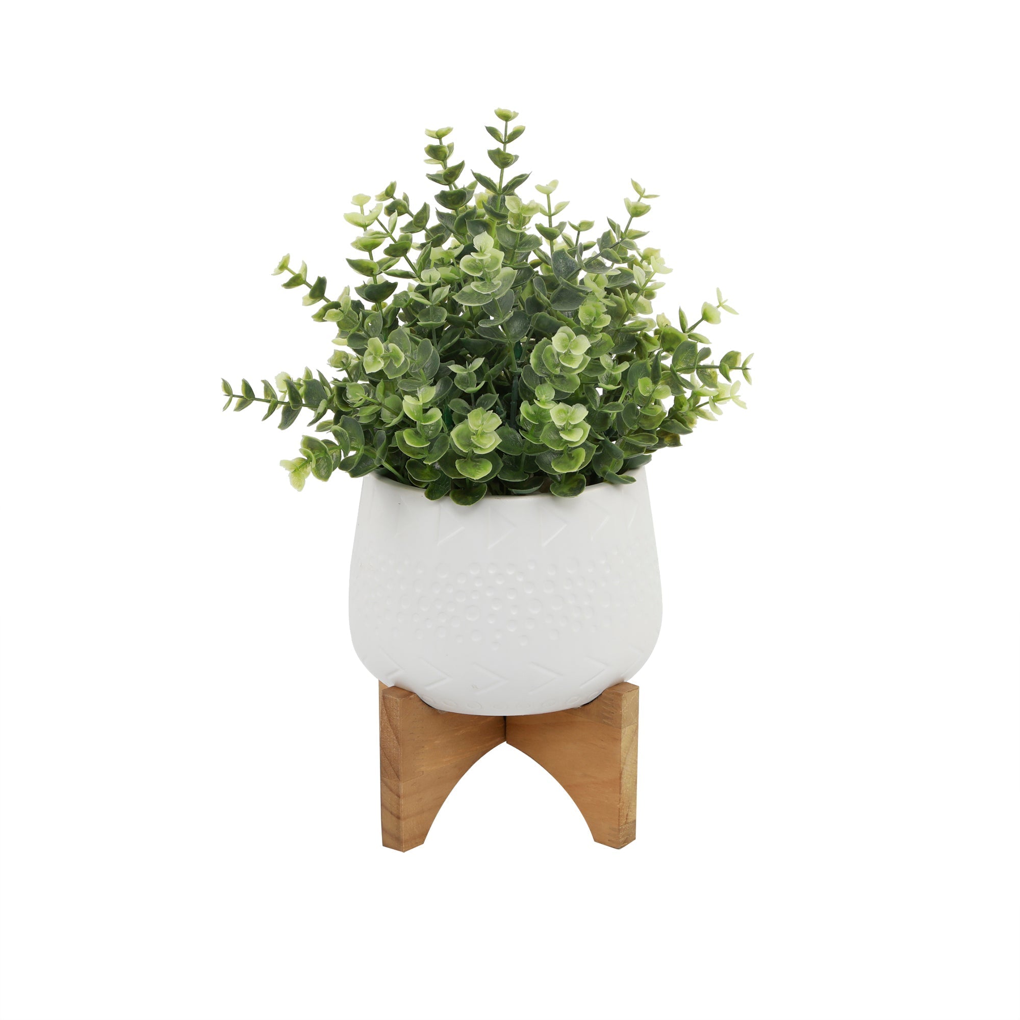  Flora Bunda Eucalyptus In Caveman Ceramic Featuring a Wooden Stand - White/Green - Bonton