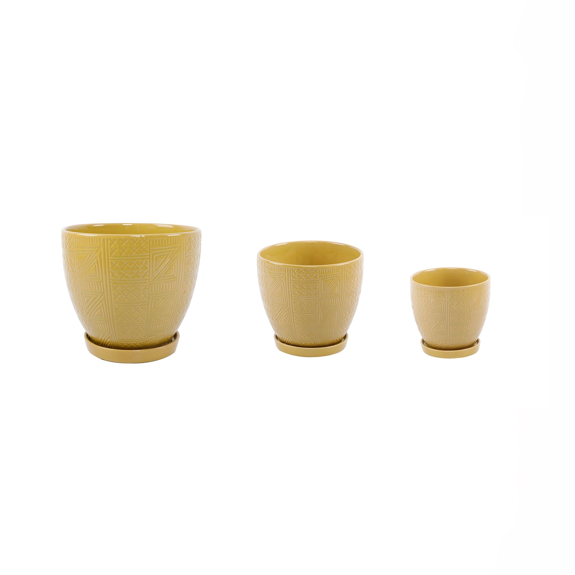  Flora Bunda Set Of 3 Mustard Hiero Ceramic Pot On Saucer - Yellow - Bonton