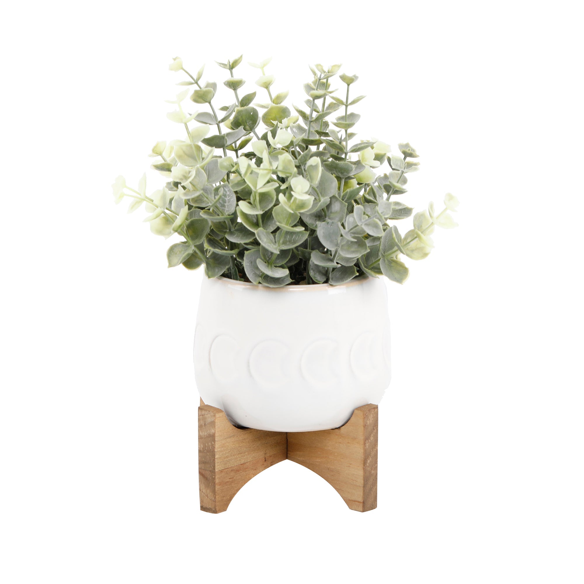  Flora Bunda Ivory Big Moon Phase Pot On Stand Featuring Eucalyptus - White/Green - Bonton