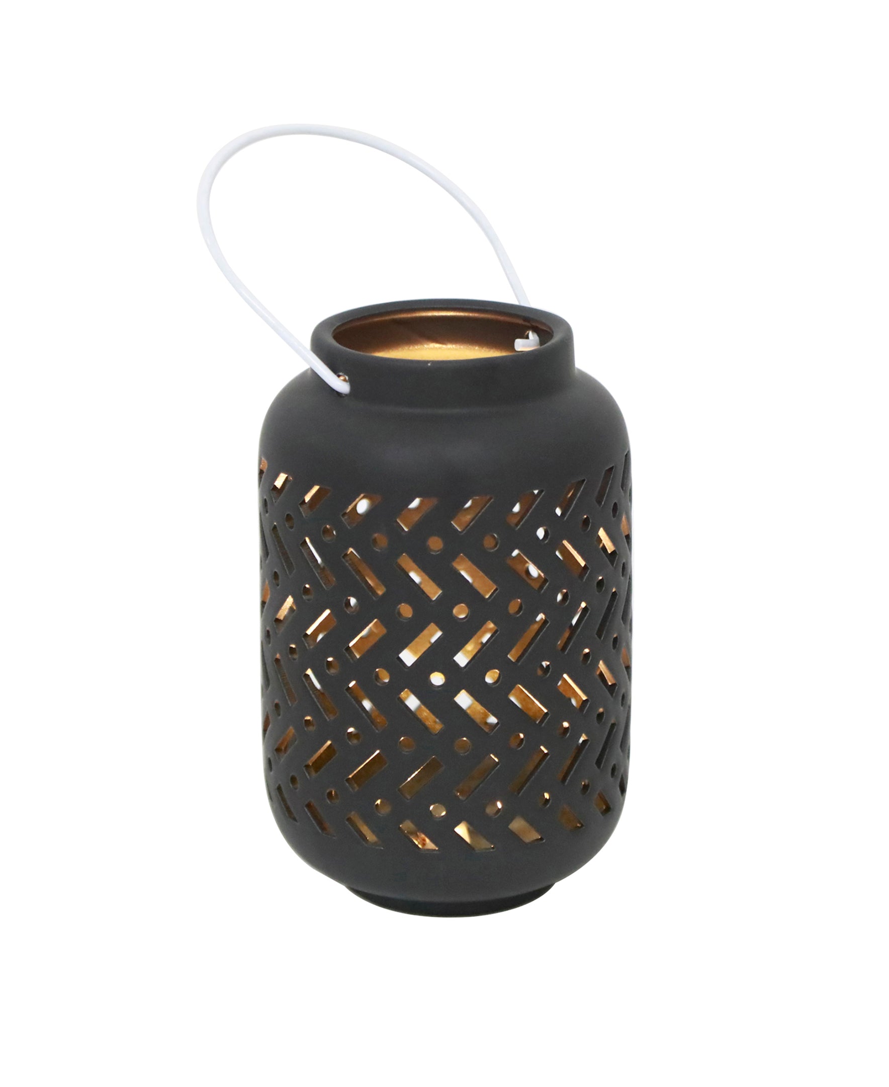  Flora Bunda Ceramic Lantern Featuring LED Chevron - Matte Black - Bonton