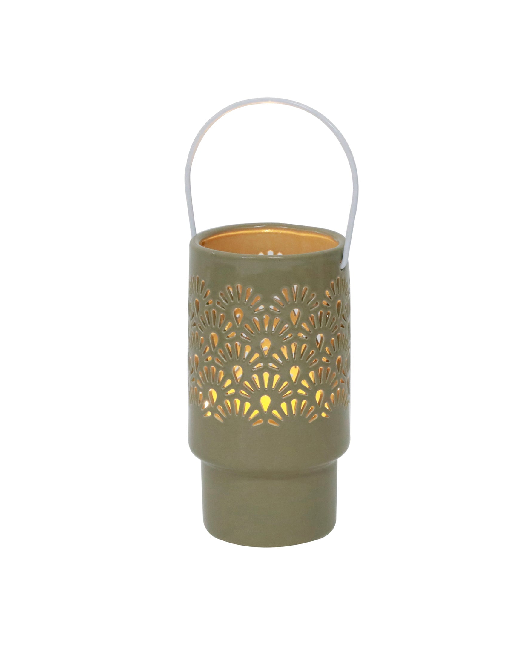  Flora Bunda Ceramic Lantern Featuring LED Shell - Olive Green - Bonton