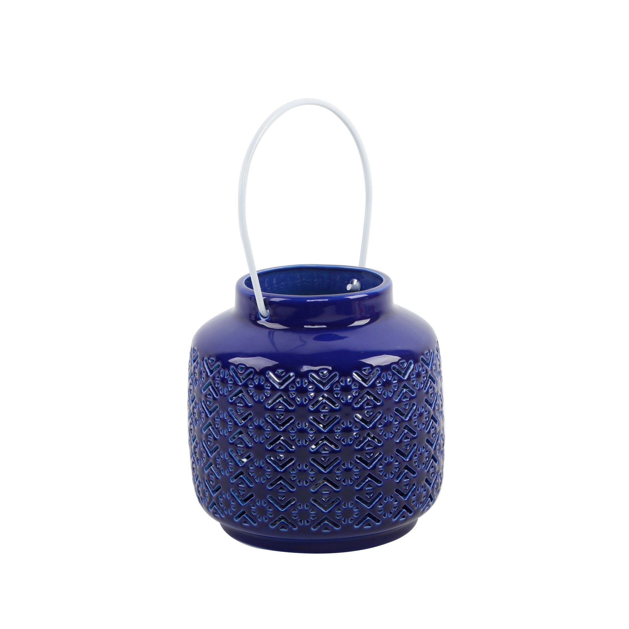  Flora Bunda Ceramic Lantern with Birds Eye LED - Navy - Bonton