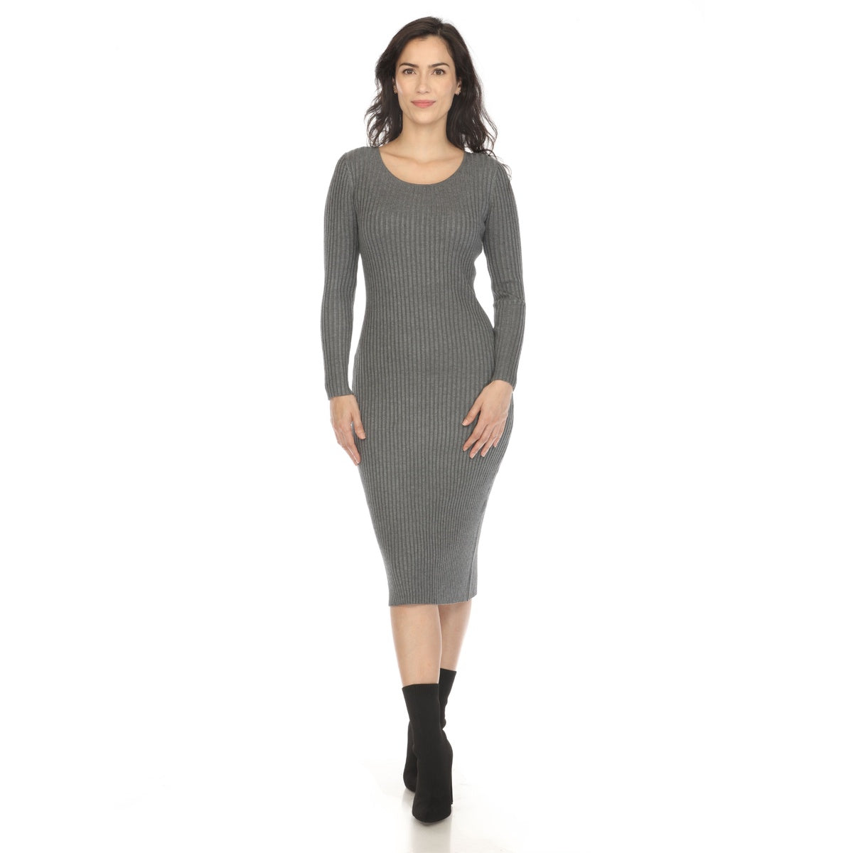  White Mark Women's Long Sleeve Rib Midi Sweater Dress - Small - Bonton