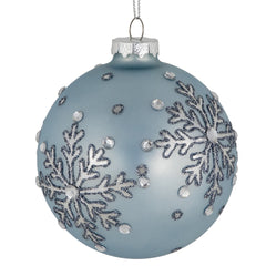 Set of 2 Light Blue Jeweled Reflective Snowflakes Glass Christmas Ball Ornaments 4"