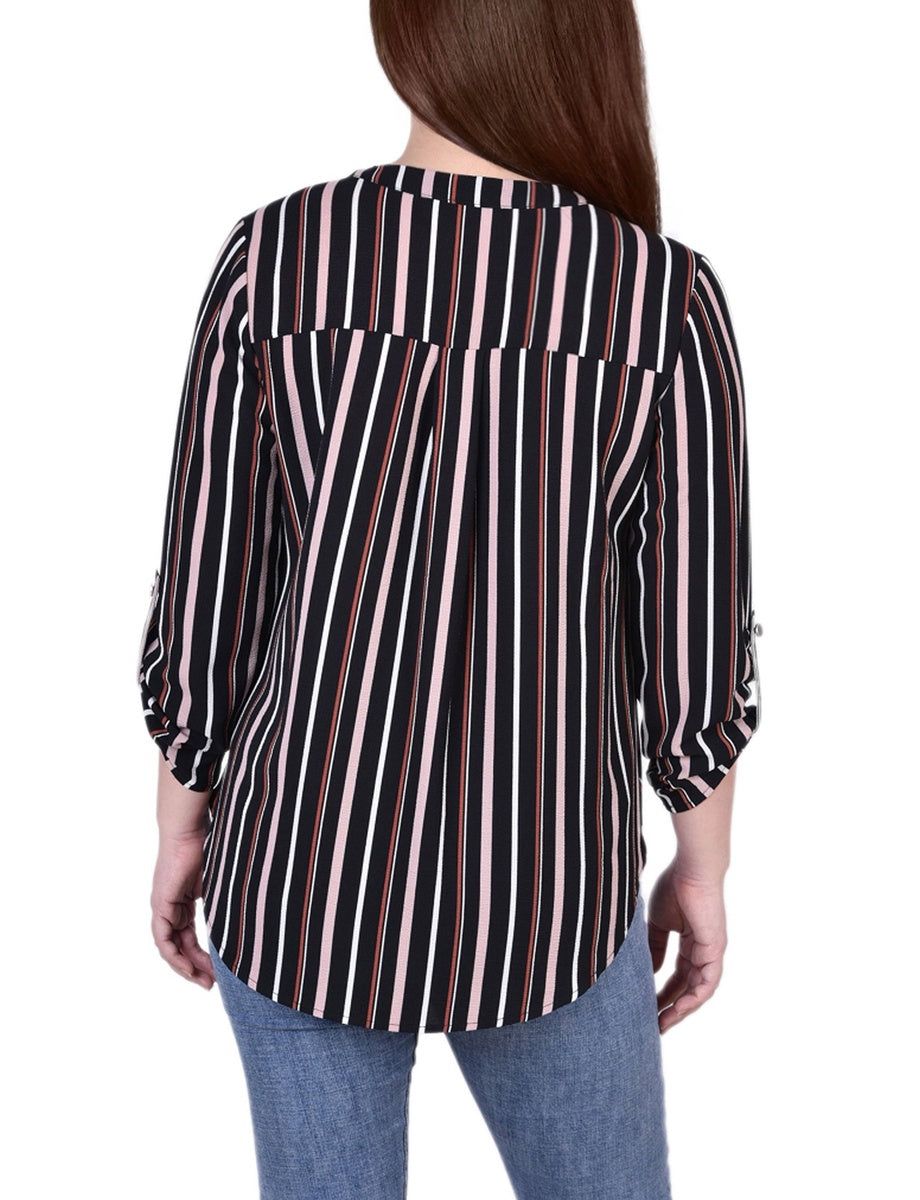  NY Collection Petite 3/4 Sleeve Mandarin Collar Blouse With Front Pleats - Black Mauve Stripe - Bonton