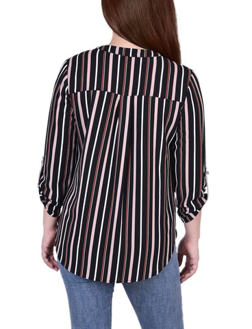 Petite 3/4 Sleeve Mandarin Collar Blouse With Front Pleats