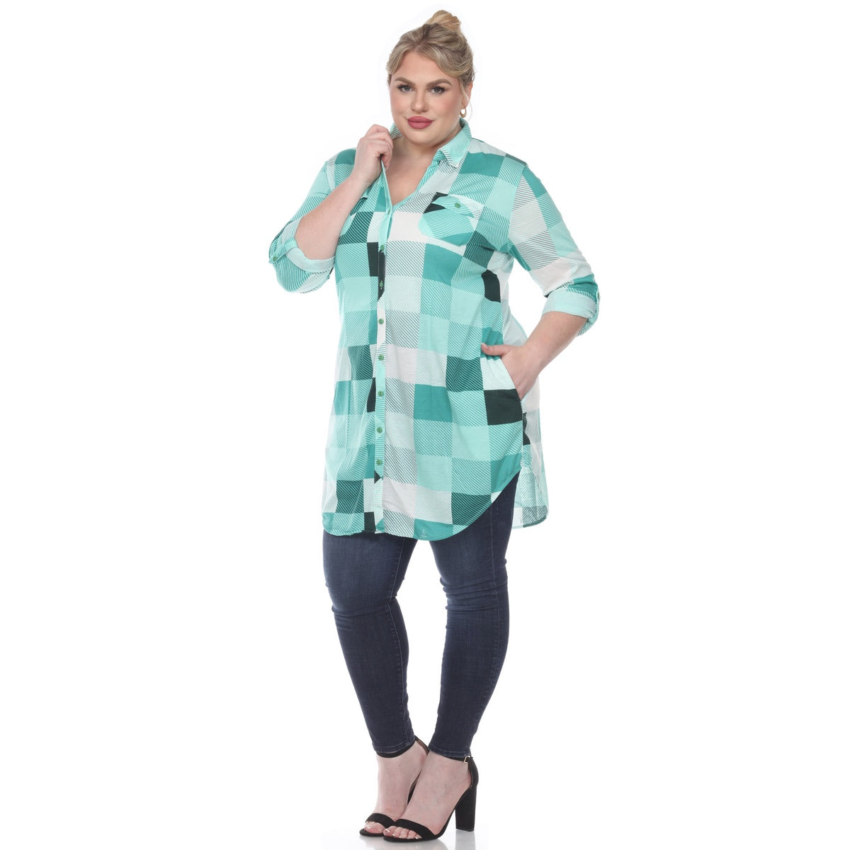  White Mark Plus Size Plaid Button Down Tunic Shirt - 1X - Bonton