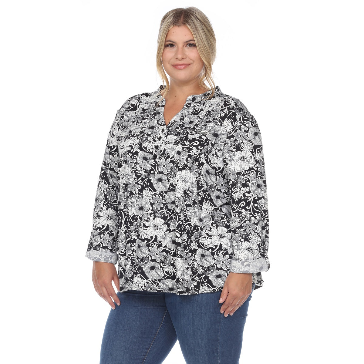  White Mark Plus Size Pleated Long Sleeve Floral Print Blouse - 1X - Bonton