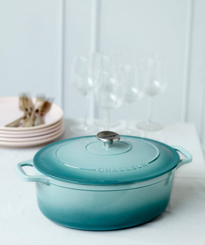French Enameled Cast Iron Oval Dutch Oven, 5.3-Quart, Quartz Blue