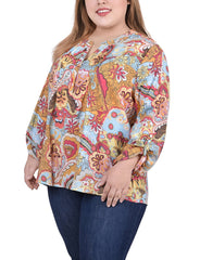 Plus Size Long Roll Tab Sleeve Pintuck Front Blouse