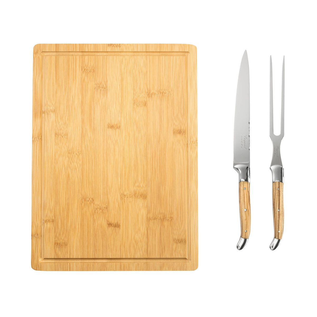  French Home 2 Piece Connoisseur Laguiole Olive Wood Carving Knife and Fork and Bamboo Cutting Board With Moat - Default Title - Bonton