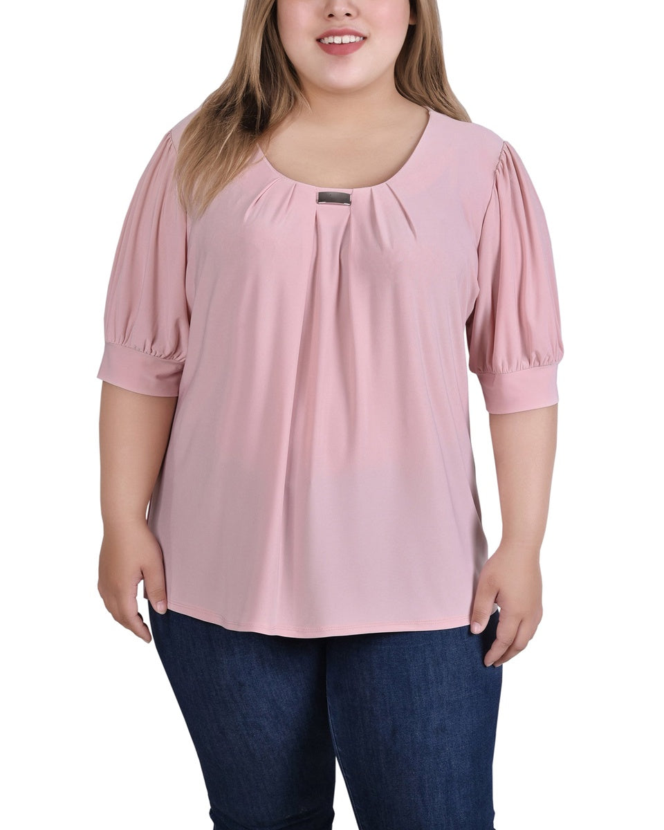  NY Collection Plus Size Short Sleeve Balloon Sleeve Top With Hardware - Bittersweet - Bonton