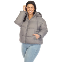 Plus Size Full Front Zip Hooded Bomber Puffer Coat