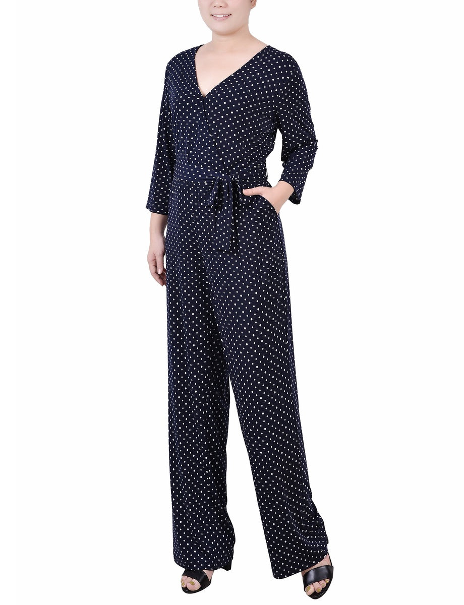  NY Collection Petite 3/4 Sleeve Belted Jumpsuit - Black - Bonton