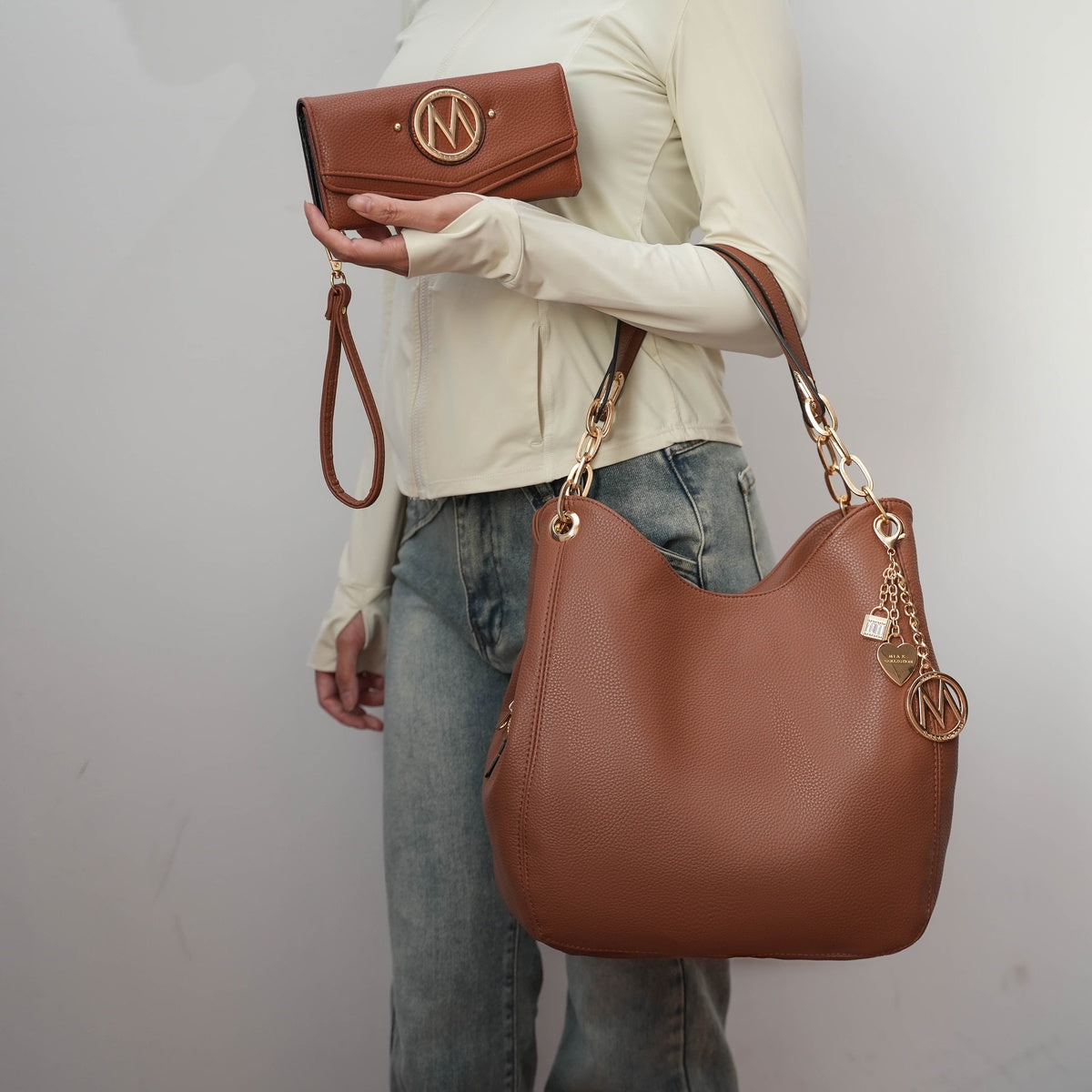  MKF Collection Ashley Hobo Bag and Wallet Set - Cognac Brown - Bonton