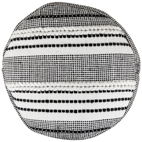 18" White and Black Striped Outdoor Woven Pouf Ottoman