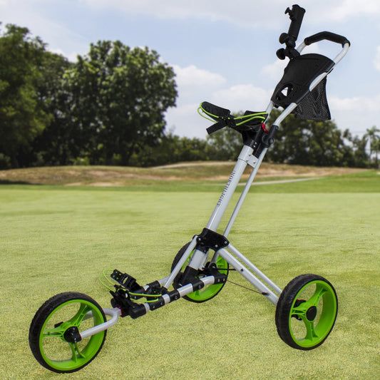 48" White and Green Easy Folding 3 Wheel Golf Bag Push Cart