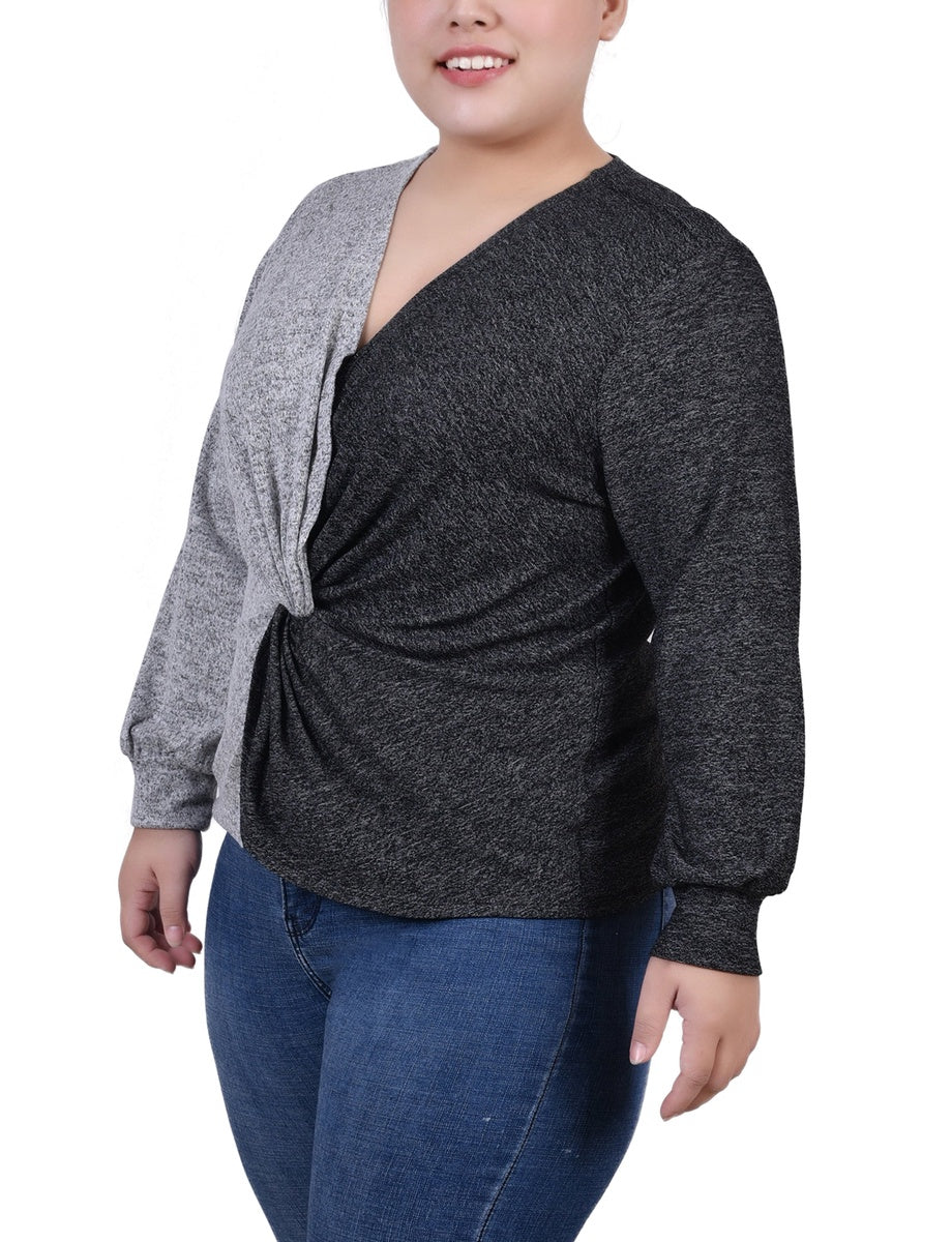  NY Collection Plus Size Long Sleeve Twist Front Colorblocked Top - Grey Black - Bonton