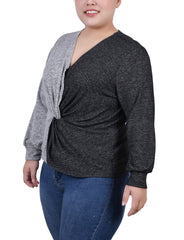 Plus Size Long Sleeve Twist Front Colorblocked Top