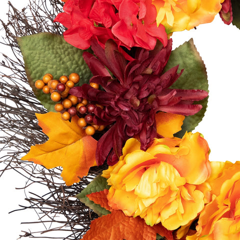 Peony and Mum Artificial Fall Harvest Wreath  24-Inch