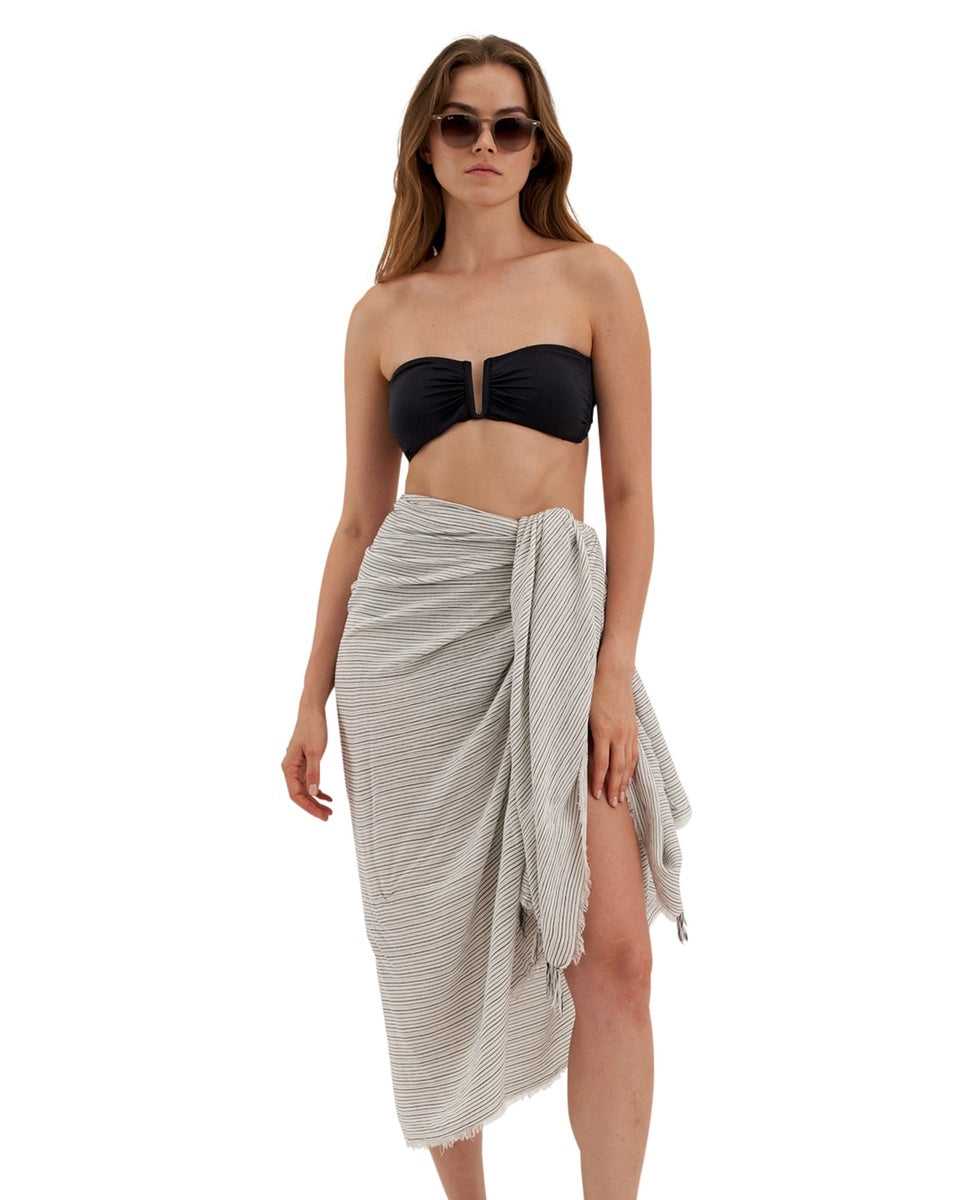  Gottex Beach Life Ocean Cover Up Sarong Wrap Skirt - GOTTEX BEACH LIFE OCEAN BLACK AND IVORY - Bonton