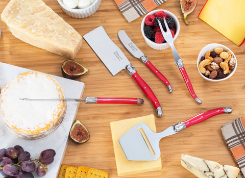 Laguiole 5 Piece Cheese Knife, Fork and Slicer Set, Scarlet Red