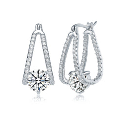 Sterling Silver With Cubic Zirconia Solitaire Double Trapeze Inside-Out Oblong Hoop Earrings