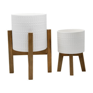  Flora Bunda Set of 2 Matte White Ceramic Planter On Wood Stand - Matte White - Bonton