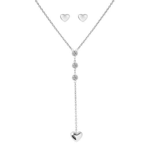  Gemesis Jewels by Edforce Three-CZ Stoned Heart Necklace & Heart Stud Earrings Set - Silver - Bonton