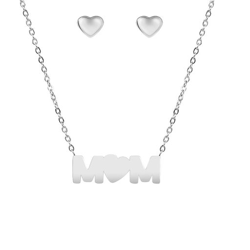  Gemesis Jewels by Edforce MOM Pendant Necklace and Heart Stud Earrings Set - Silver - Bonton