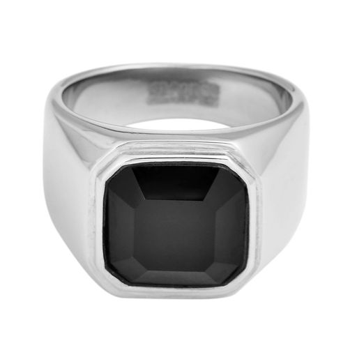  Gemesis Jewels by Edforce Men's Black Octagon Glass Stone Ring - Silver - Bonton