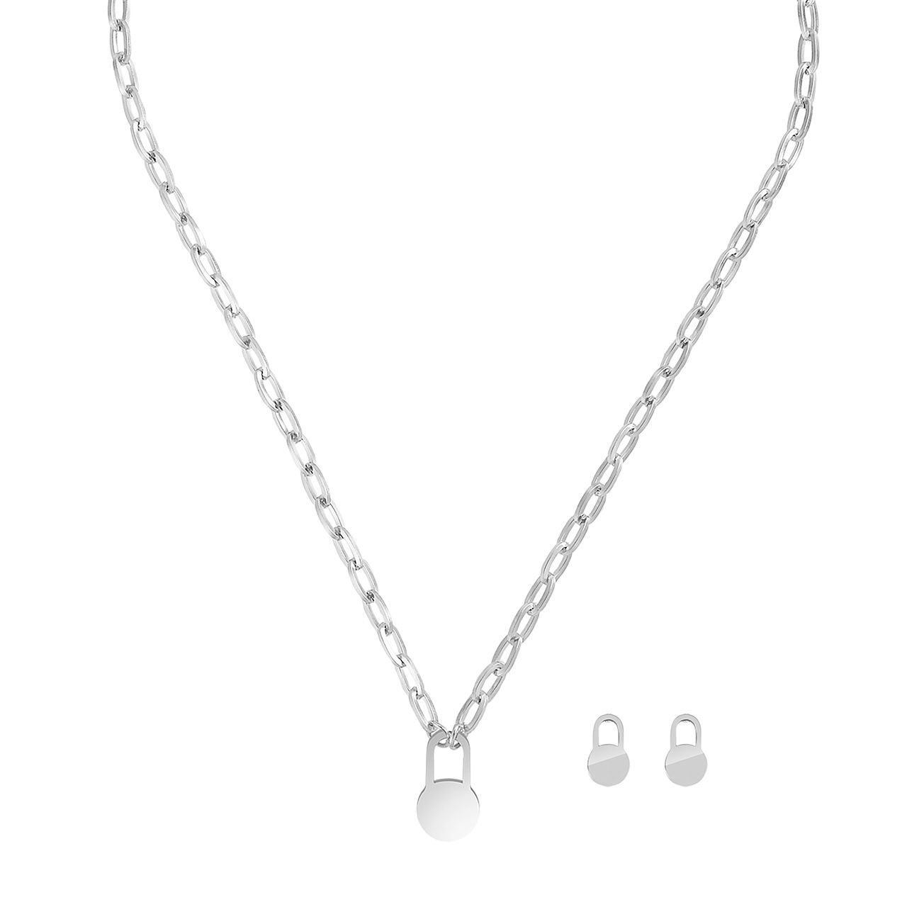  Gemesis Jewels by Edforce Padlock Dot Pendant Necklace and Padlock Dot Stud Earrings Set - Silver - Bonton