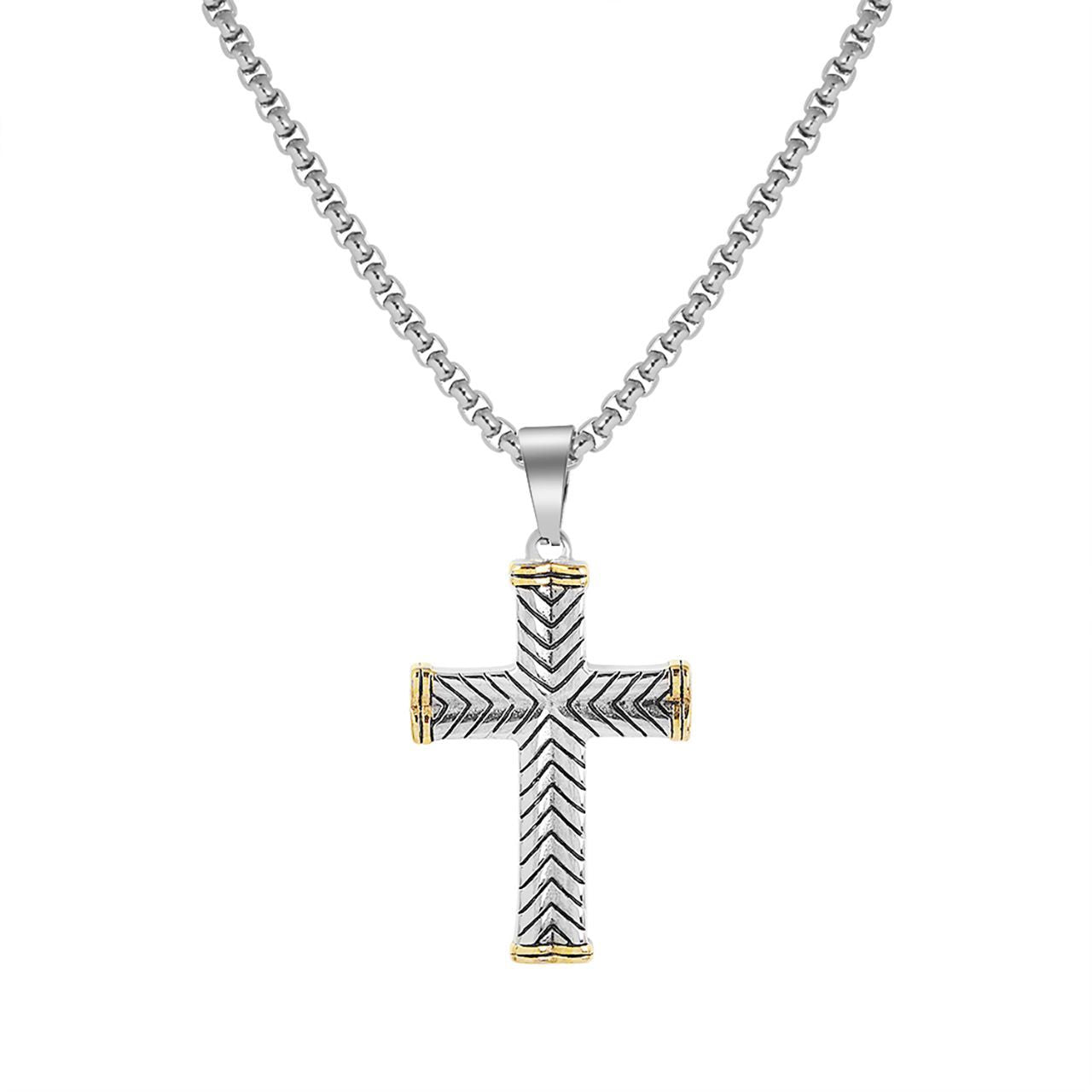  Gemesis Jewels by Edforce Figaro Chain with Striped Cross Pendant Necklace - Silver/Gold - Bonton