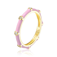 14k Gold Plated With Clear Cubic Zirconia Colored Enamel Bamboo Kids/Teens Stacking Ring